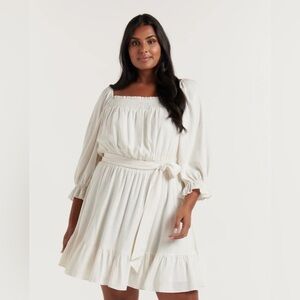 NWT Porcelain White Smocked Tiered Midi Dress Size 16 Curve Belted Peasant